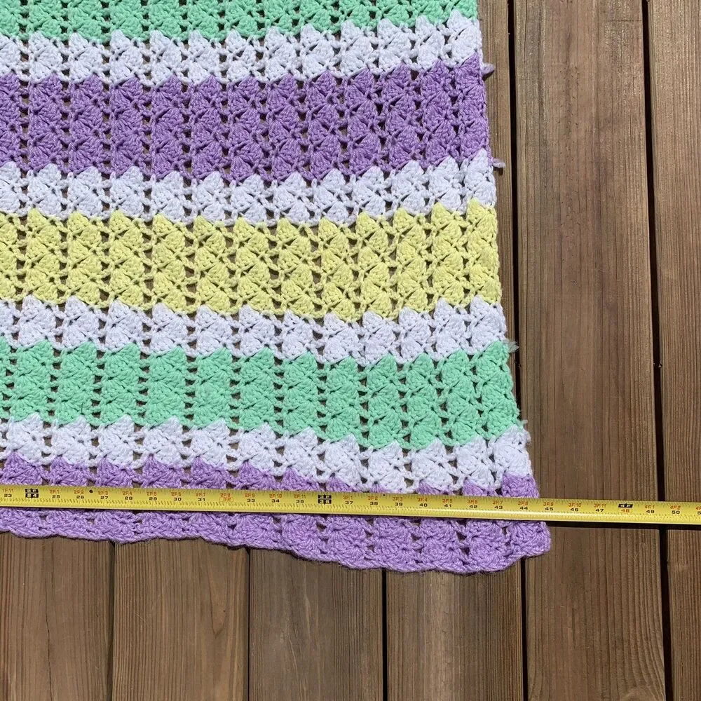 Afghan Blanket Knit Handmade Crochet Baby Throw Vintage 45” x 57” Pastel Colors
